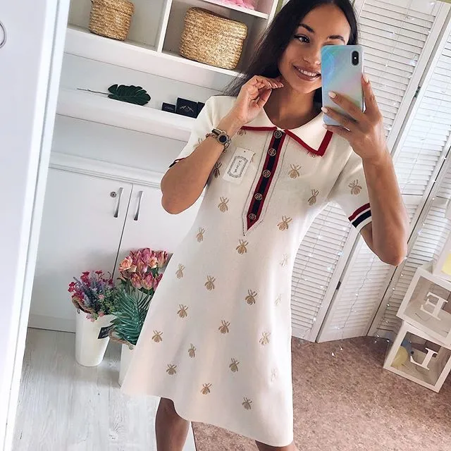 Spring Summer Knit Cartoon Embroidered Polo Dress Woman Plus Size Black Casual Knee-length Straight Dresses Female 220504