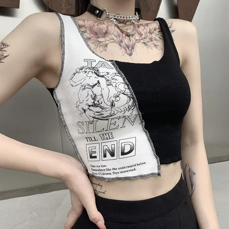 Canottiere patchwork stile punk Lettera estetica e stampa grafica Donna Crop Top Color Blocking senza maniche Streetwear 220607