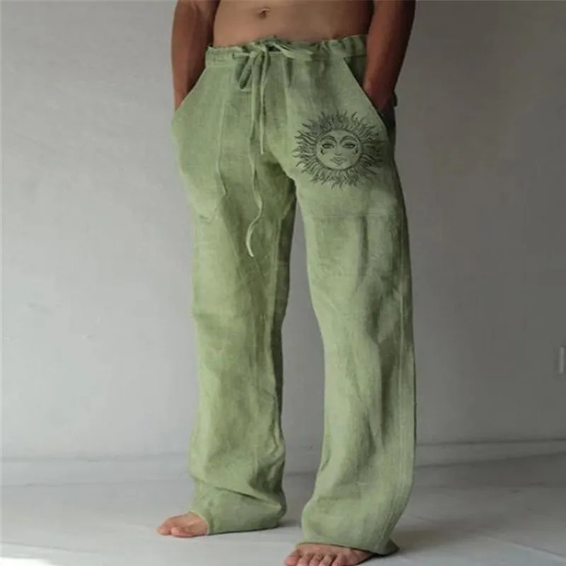 Mense Casual Sweatpants Sun Flower Print full längd byxor Pocket Drawstring Linen byxor män 220707