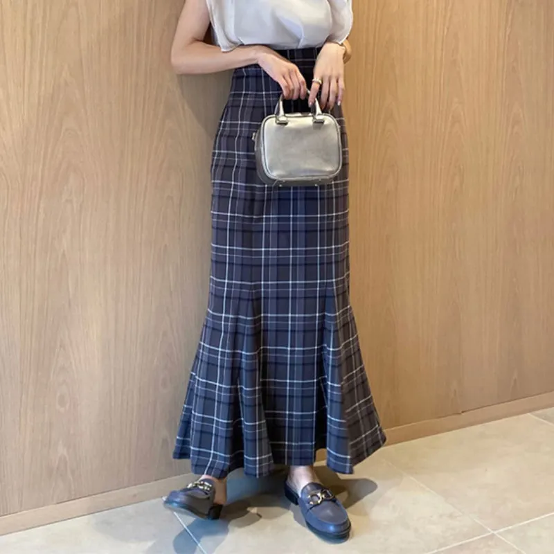 Kuzuwata cintura alta xadrez nádegas lado split sereia saias japão estilo temperamento elegante jupe outono mulheres faldas 220317