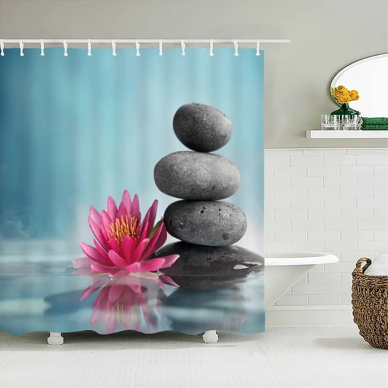 Zen-Duschvorhang, Badezimmer-Dekoration, 3D-Bambus, fließendes Wasser, grüner Bambus-Buddha, Duschvorhänge, wasserdicht, waschbar, Bildschirm 220517