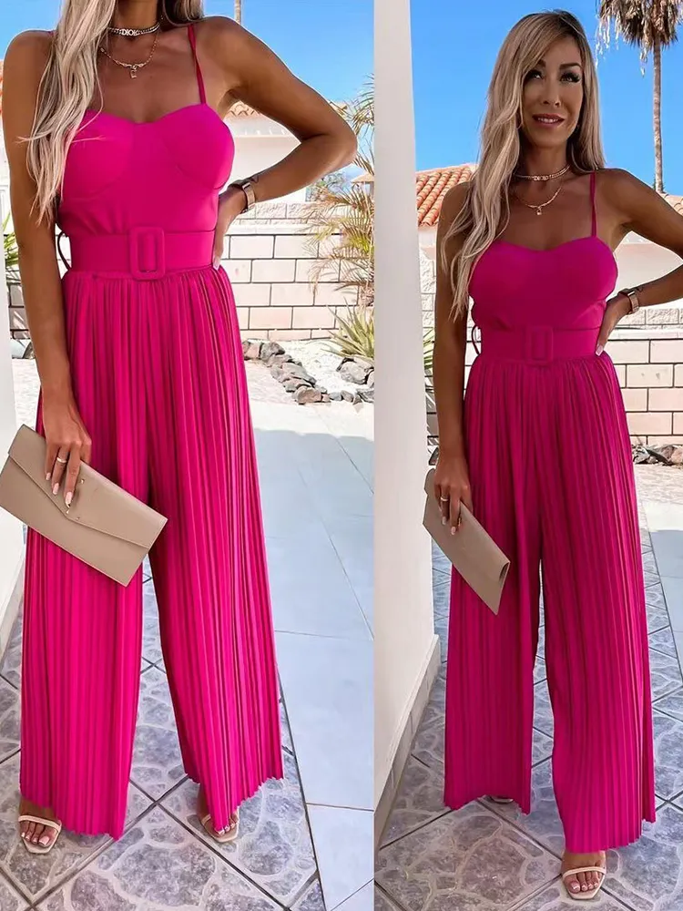 Sommer Spaghetti-trägern Strampler Frauen Mode Breite Bein Hosen Damen Elegante Ärmellose Feste Lange Casual Overall Mit Gürtel 220714