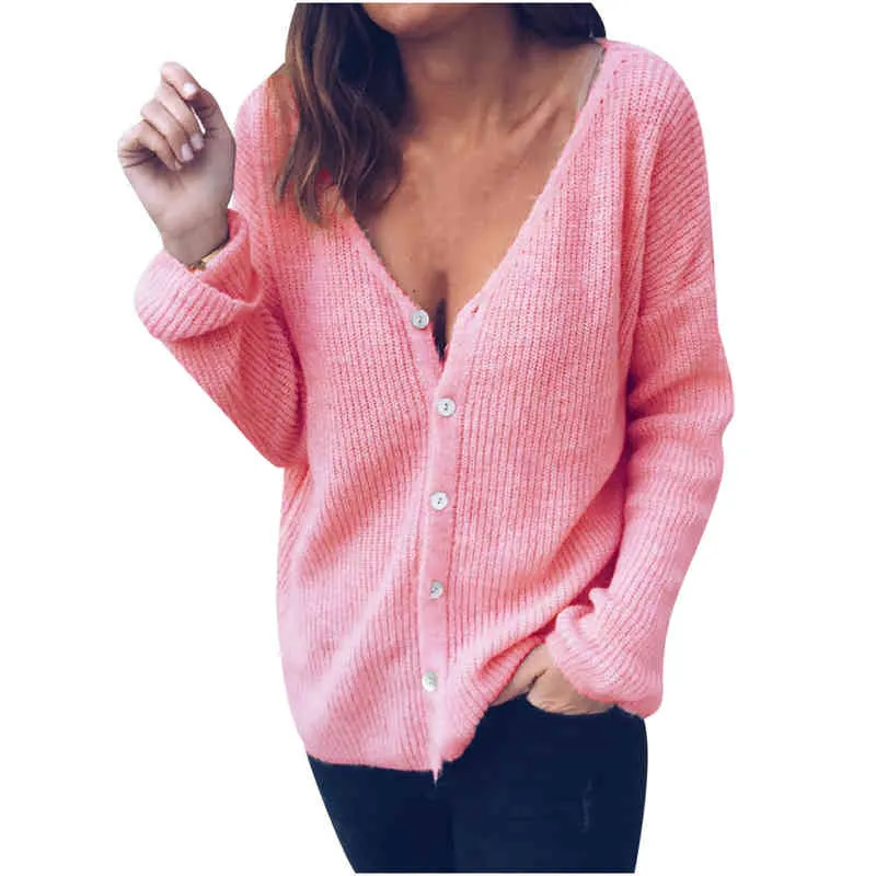 Ladies Solid Color Button Knitted Blouses Autumn Winter Casual Cardigan V-neck Long-sleeved Outwear Tops ropa de mujer L220705