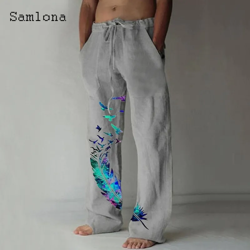 Samlona Design tascabile da uomo Pantaloni di lino con coulisse Pantaloni larghi Plus Size 3xl Moda uomo Pantaloni sportivi con stampa di piume di uccelli 220714