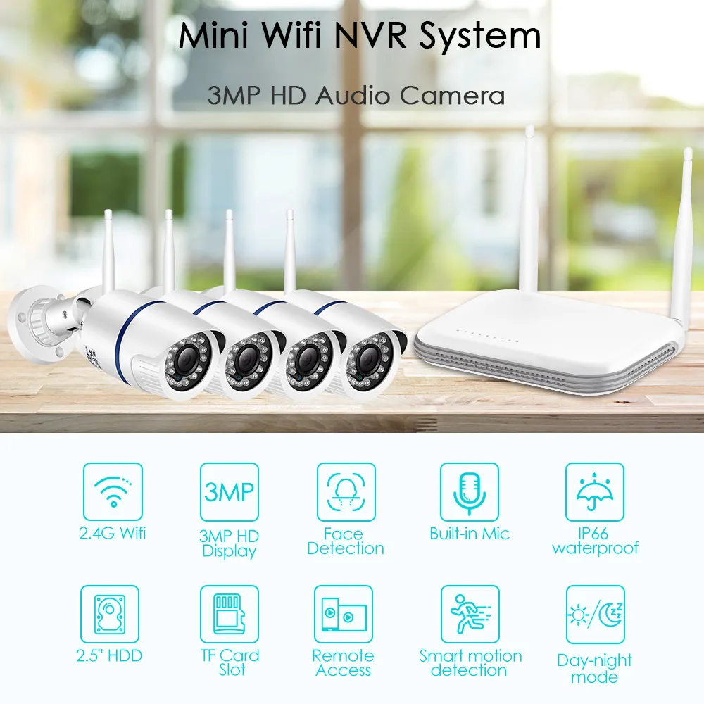H.265 3mp HD Audio WiFi IP-kamera 8CH Mini NVR CCTV Säkerhetssats Infraröd Night Vision Video Surveillance Camera System