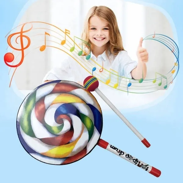 7.9 inch Lollipop Shape Drum With Rainbow Color Mallet Music Rhythm Instruments Kids Baby Children Playing Toy 220706