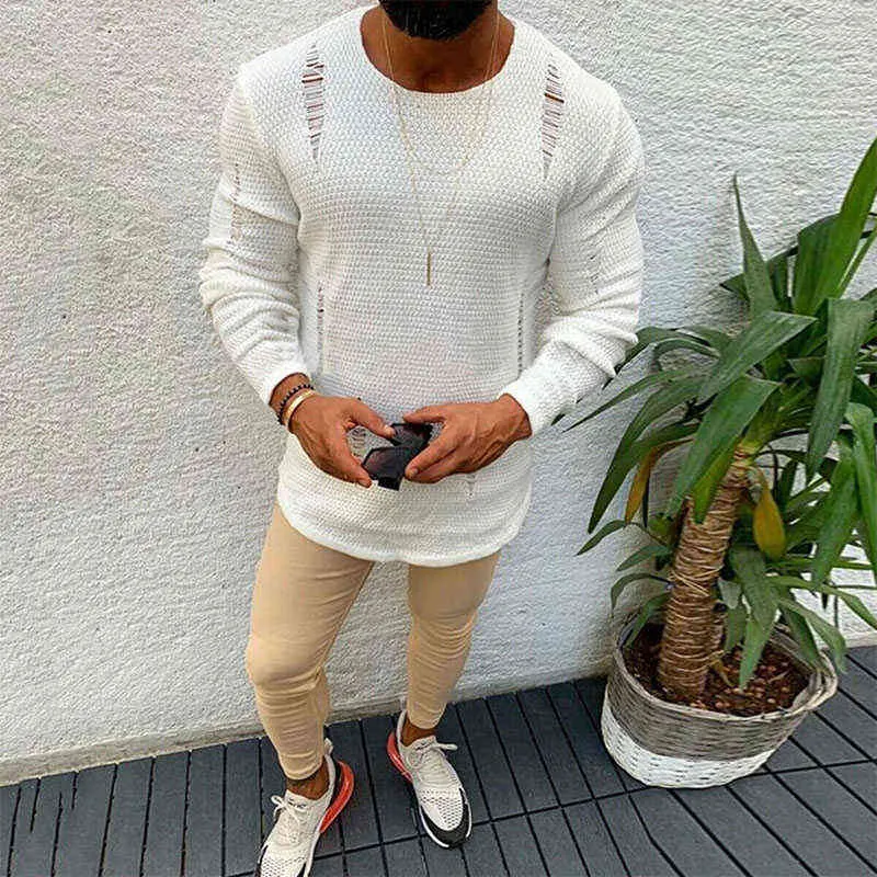 Hirigin Men Ripped Seater Cotton Cotton Soft Male Winter Warm Knit Clasure Casual Cool Seater o-Neck Long Sleeve Seaters L220801