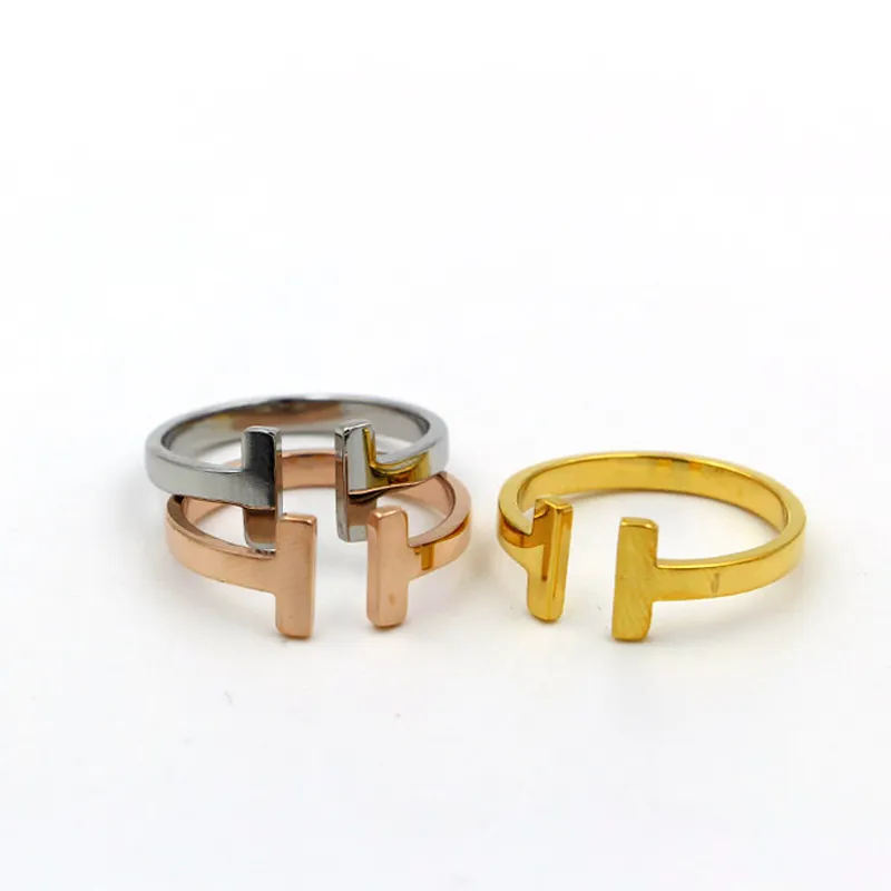 New arrive 316L Stainless Steel fashion double T ring Jewelry for woman man lover rings 18K Gold-color rose Jewelry Bijoux no have3116