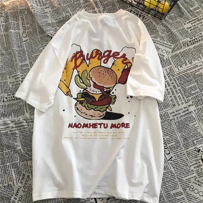 Creative Hamburger Men's Tshirt Loose Round Neck Short Sleeve T-shirt Korean Style Male Tops Summer Fashion Black WhiteTees 0615