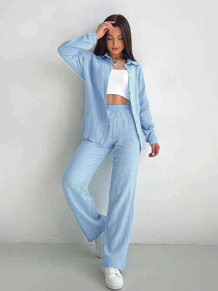 Pijamas de algodão azul hiloc para mulheres conjuntos de roupas femininas de lapela de manga longa calças femininas de calças femininas 2022 pijamas L220803