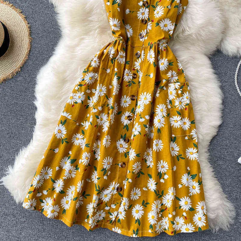 Boho bouton 2022 Sexy Spaghetti Strap imprimé floral Midi Dress Summer Party Casual Femmes A-Line Beach Holiday longueur au genou Robe Y220413