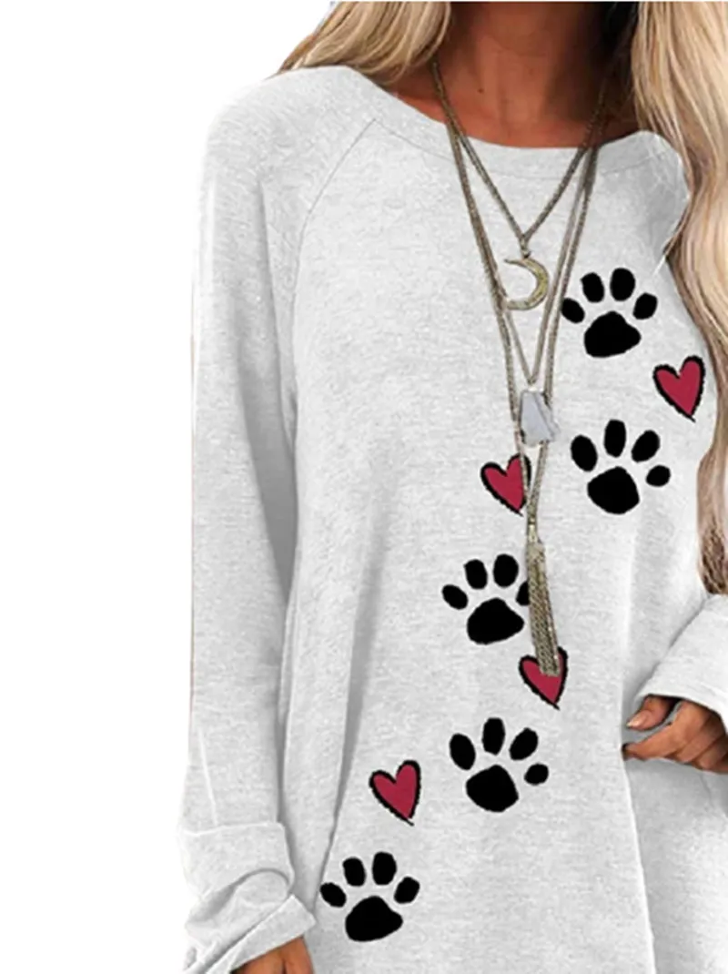 Autumn Women Casual Dog Paw Print Branco camisetas compridas