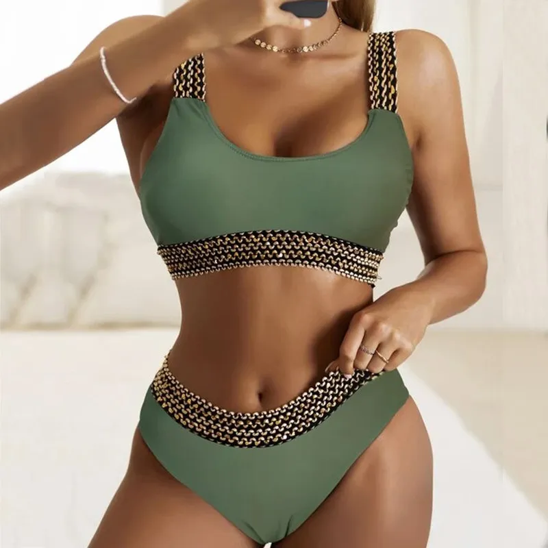 Biquínis com alças douradas, maiô preto, conjunto de biquíni triangular, roupa de banho feminina, tankini, bandagem, roupa de praia brasileira