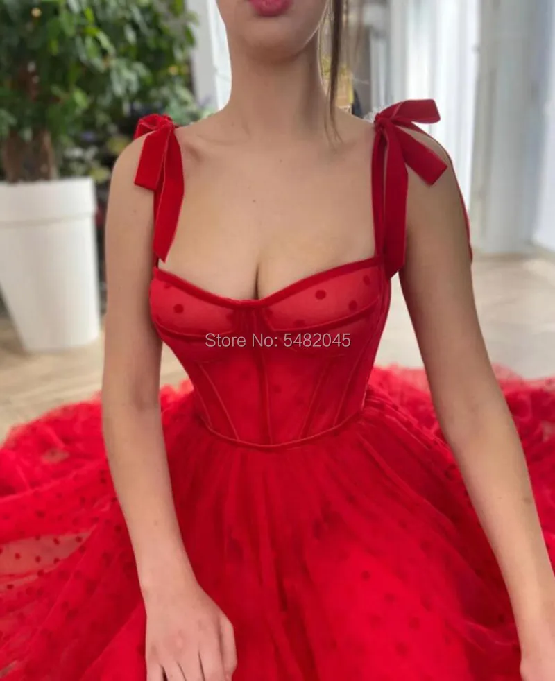 LORIE Red Prom Dresses A-Line Dot Tulle Tea Length Party Gown Christmas Robes de cocktail Dress for Teens 220510