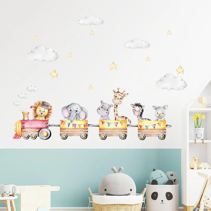 Cartoon Lion Elephant Animal Train Vinyl Wall Sticker Nursery Wall Decals Wallpaper Childrens Room Interior Home Decor Gifts 220613