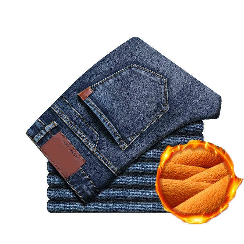 Xfhh 2021 mannen mode winter jeans mannen grijze kleur slim fit stretch dikke fluwelen broek warme jeans casual fleece broek man G0104