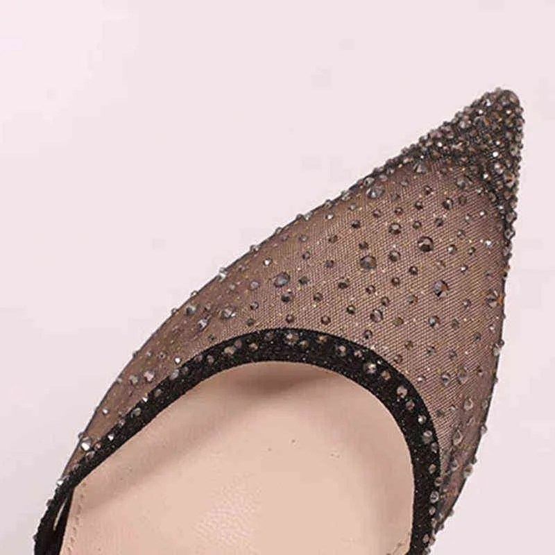 Robe chaussures Lucyever sexy maille noire talons hauts femmes été 2022 bout pointu cristal pompes femme brillant bride à la cheville fête dames 220425