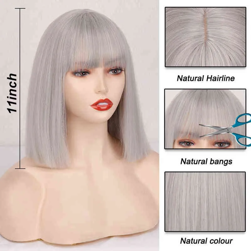 Short Synthetic Silver Gray Bob with Bangs Straight Wigs for Women Cosplay Daily Party Red Blackpink Wig 220622