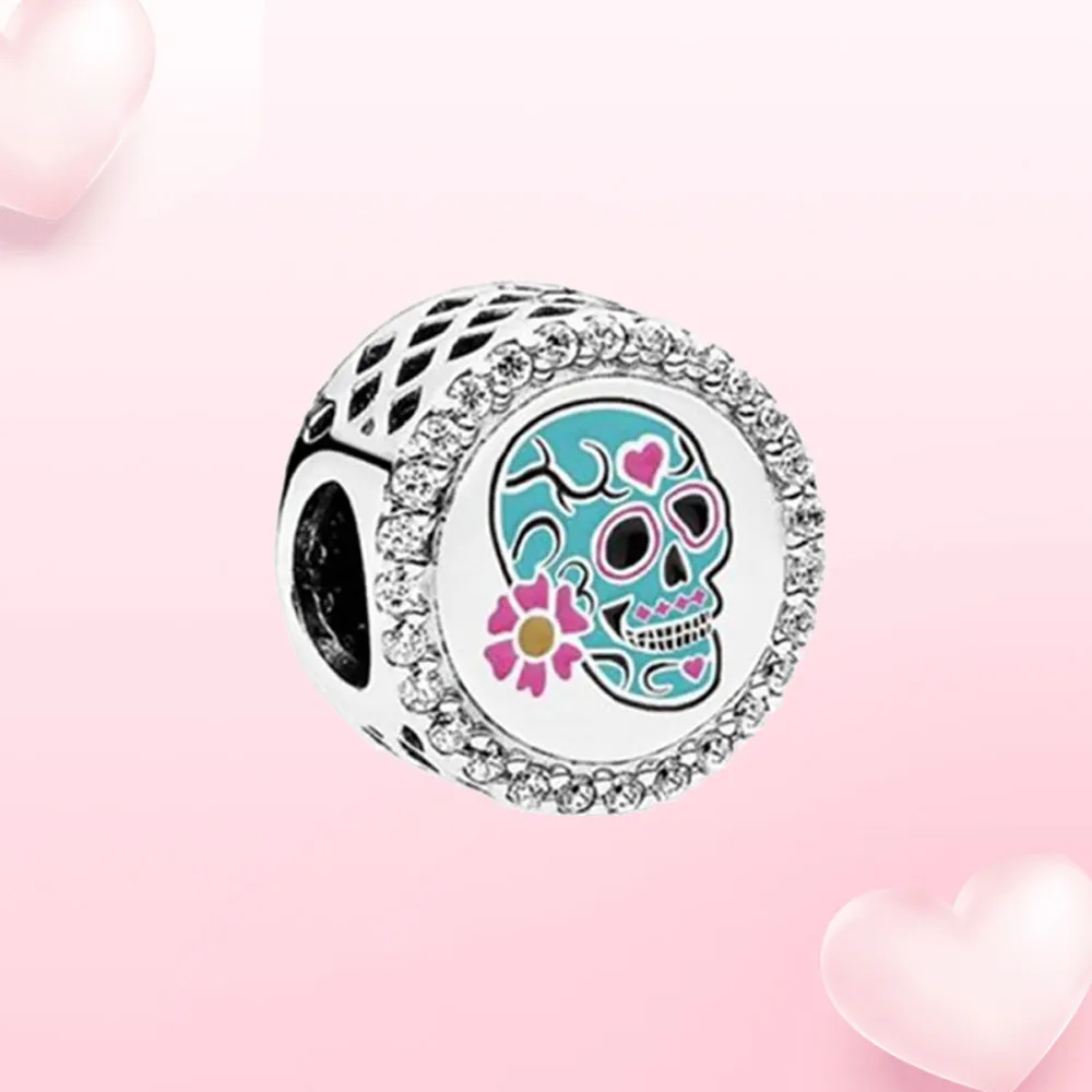 925 Silver Shiny Charm Heart Skeleton Bead Charm Fit Pandora para jóias de pulseira para mulheres