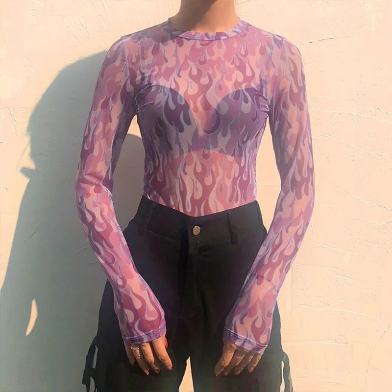 T-shirt sexy mulheres veja através de malha transparente Tops de manga comprida pura