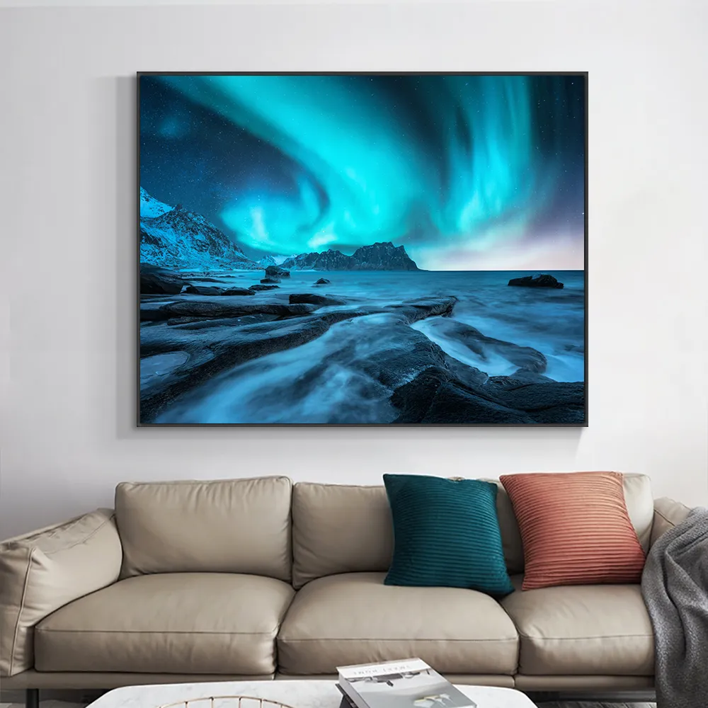 Renkli Aurora Borealis Canvas Sanat Resimleri Kuzey Işıkları Peyzaj Poster ve Baskı Duvar Sanatı Oturma Odası Dekor Resmi