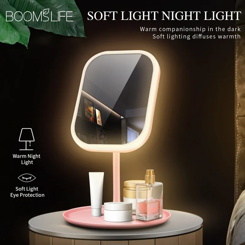 LED Makeup Mirror With Light Face Storage Desktop Rotating Vanity Adjustable Dimmer USB Cosmetic 220509