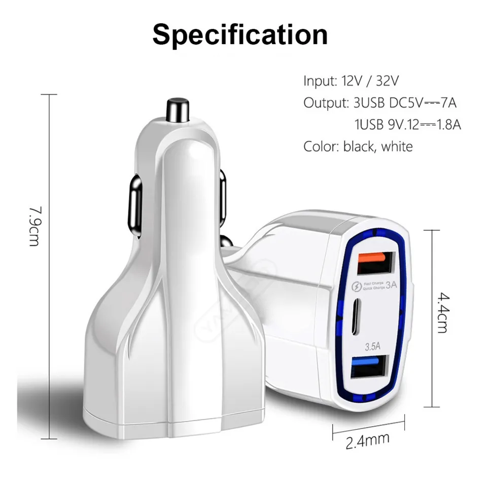 35W 7A 3 포트 차량용 충전기 유형 C 및 USB 충전기 QC 3.0 Qualcomm 빠른 충전 3.0 기술 휴대 전화 GPS 전원 은행 태블릿 P 상자 포함