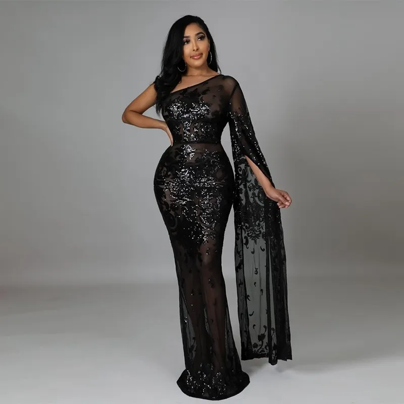 Sparkly Sequin Evening Sexy Dresses Women Long Sleeve One Shoulder Sheer Mesh Maxi Bodycon Wedding Night Club Party 226014