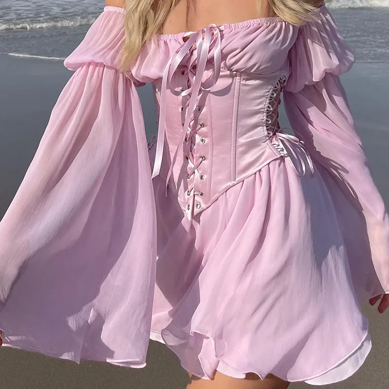 IAMSURE Винтажное шифоновое платье в пляжном стиле с корсетом и бандажами, ажурное бюстье Prairie Chic, платья с расклешенными рукавами, комплект из 2 предметов 220531