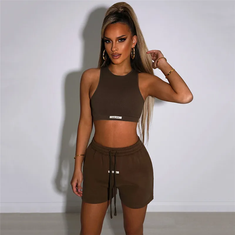 Sporty Solid Letter Two Piece Set Women Ribbed Skinny Tank Tops Loose Casual Bandage Shorts Matching Female Tracksuit 1980