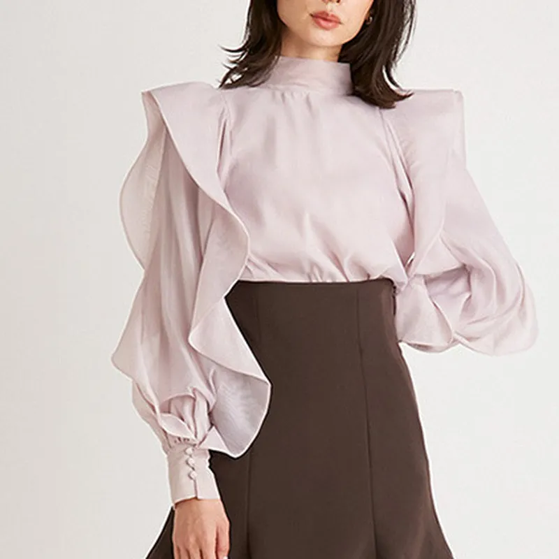 Kuzuwata Frühen Frühling Frauen Tops Elegante Süße Blusen Stehkragen Rüschen Langarm Zurück Bowknot Spitze Up Shirts 220513