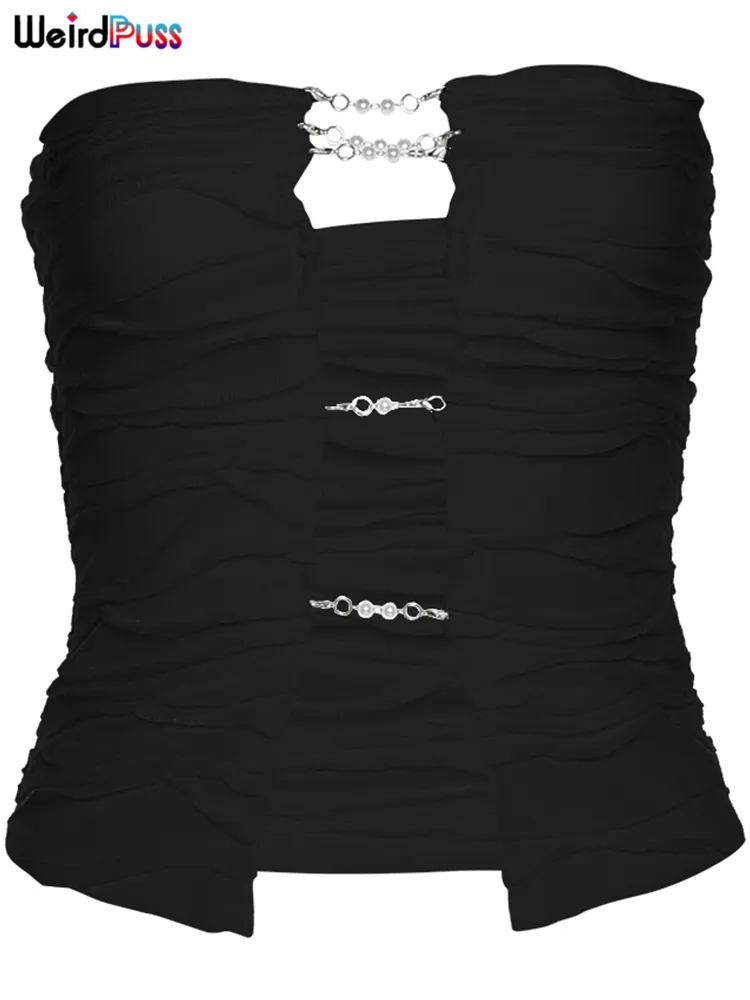 Rare Puss Ruched Hollow Corset Top Vrouwen Solid Chain Navel Sexy Elastische Camisole Backless Skinny Wild Clothing voor Street 220511