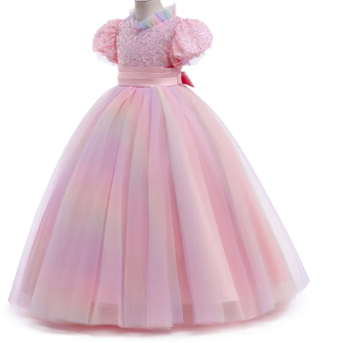 Cute Princess Lace Tulle Flower Girl Dresses For wedding Country Garden Weddings Sheer Long Sleeves Appliques Big Bow Sash Back Girls Formal Birthday Party gowns