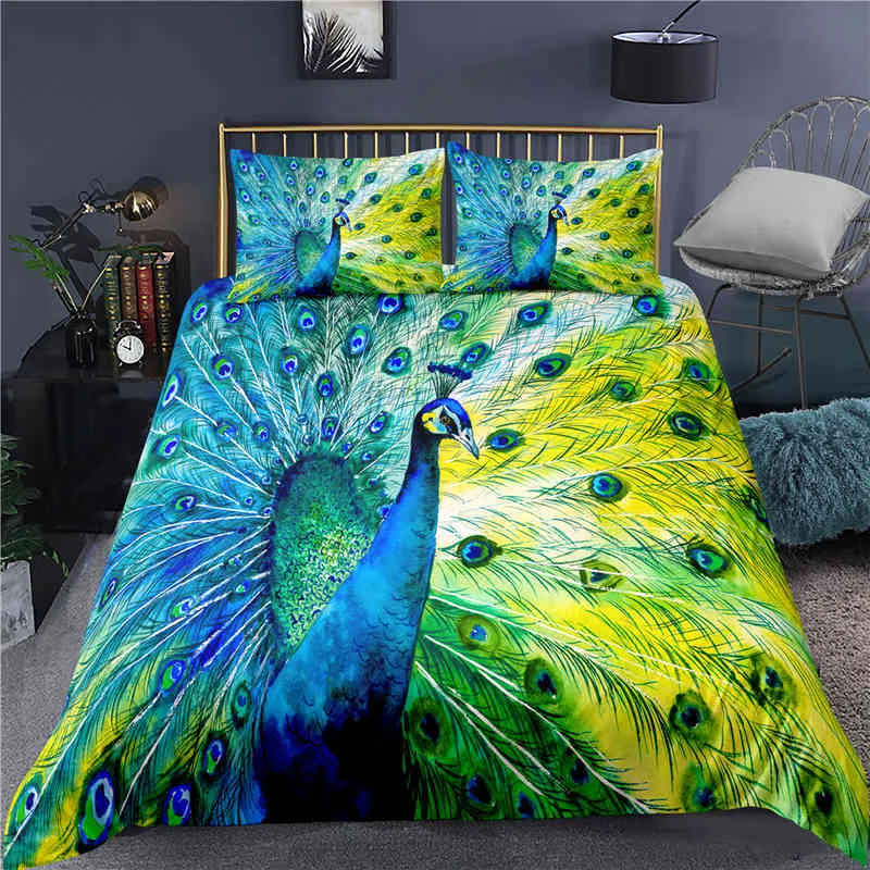 Peacock Duvet Cover Set Plum Blossom Decor Bedding King Size Crane Feather Floral Pattern Romantic Theme Quilt