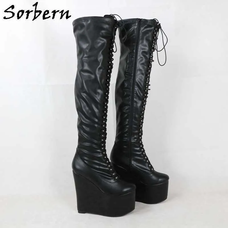 Sorbern 20Cm Slim Heels Wedges Boots Mid Thigh High Over The Knee Platform Custom Slim Fit Legs Lace Up Boot Female Drag Queen