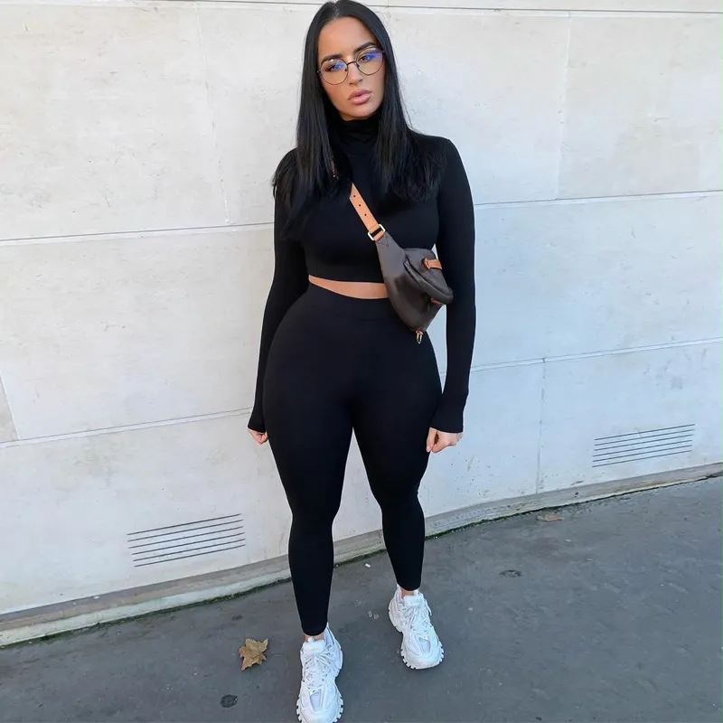 Winter Women Sport Fitness 2 Two Piece Set Outfits Long Sleeve Crop Tops Tshirt Leggings Pants Set Bodycon Tracksuits Women's 220517