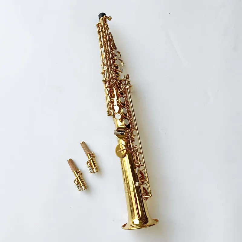 Klassisk vintage -modell WO2 mässingssopran rak saxofon B -nyckel guld lack gult trä vindinstrument med fodral