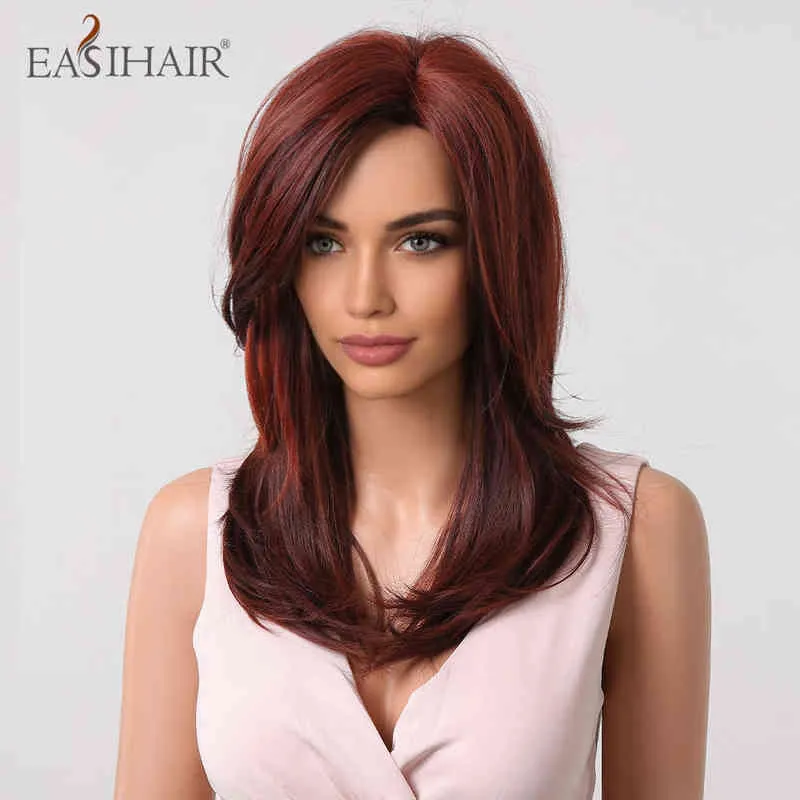 EASIHAIR – perruques synthétiques lisses, frange latérale rouge vin, couches moyennes bordeaux pour femmes, Cosplay quotidien, résistantes à la chaleur, 220525