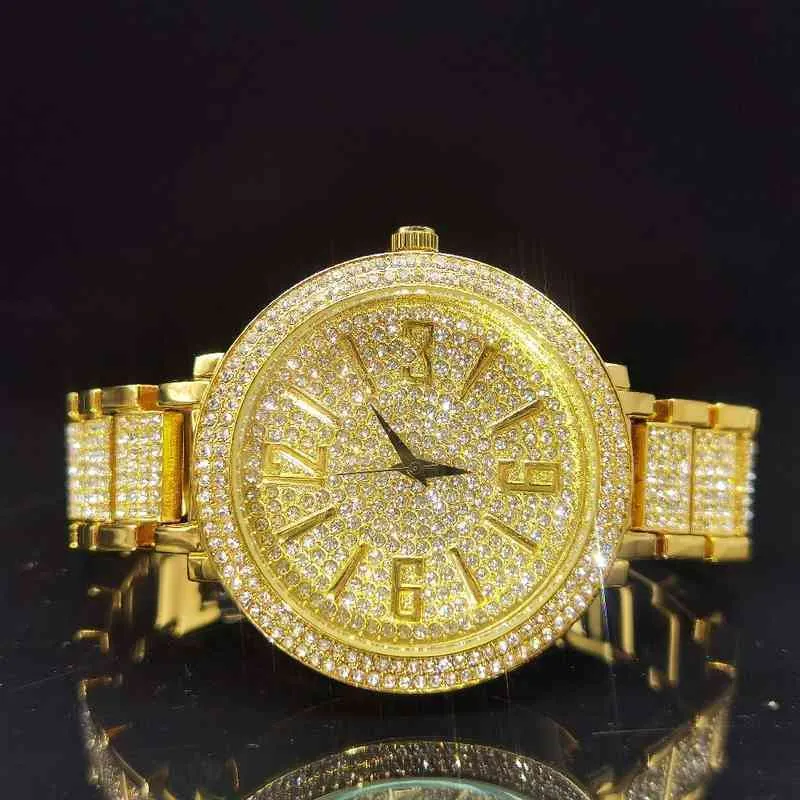 MISSFOX Large Dial Big Numbers Man Watch Diamond All Gold Wealth Luxury Wath Men Super Shining Gentleman Quartz Wristwatch