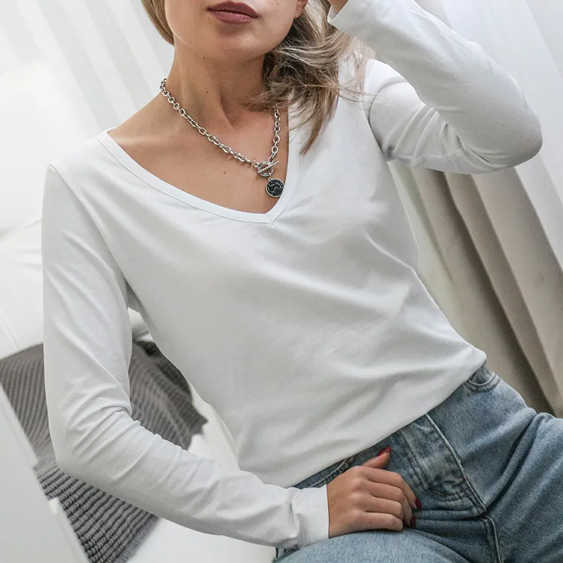 94 Cotton Women S T Shirt Sexy V Neck Long Sleeve Tees Harajuku Basic Streetwear Tops Woman Clothes 220714