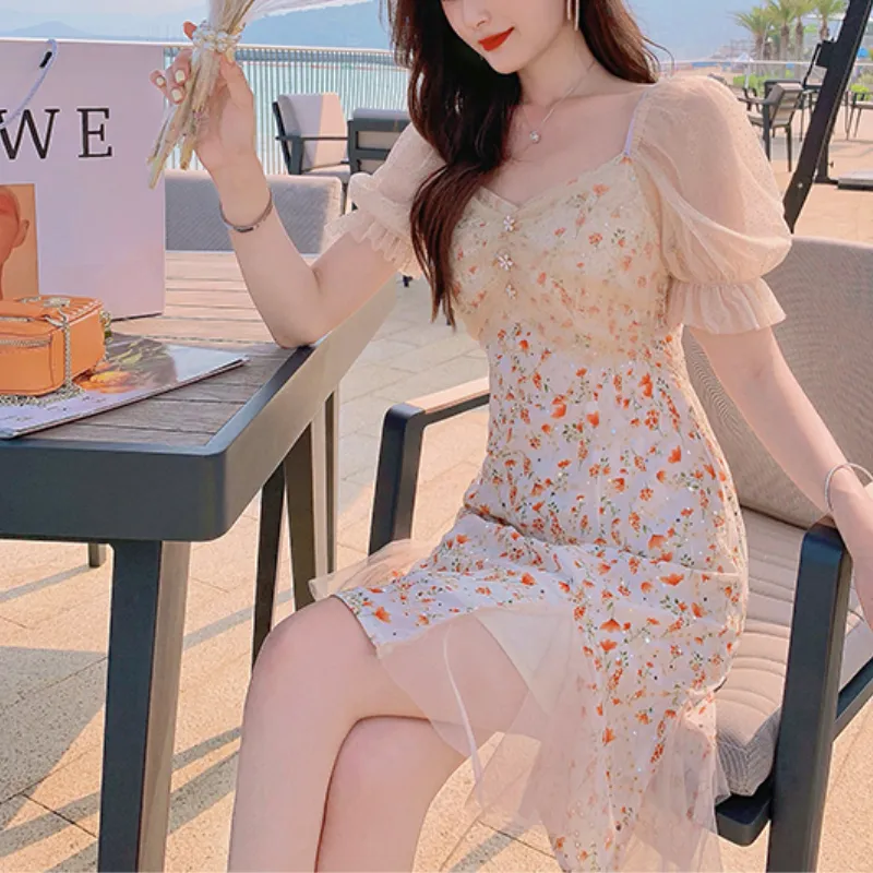 Fairy vintage kwiatowy Dres Patchwork Podziel elegancki koreański sukienka imprezowa swobodny wieczór na plażę Dres Summer 220516