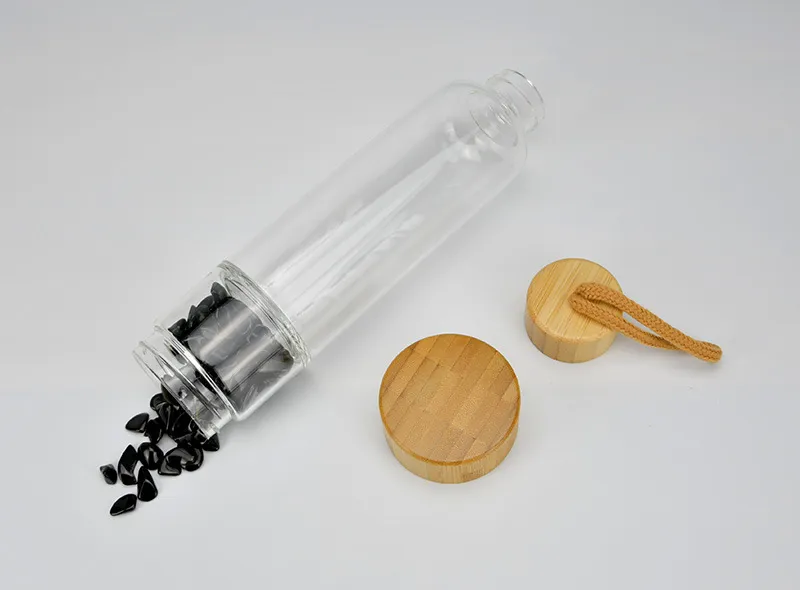 Bottiglie di acqua di energia di ghiaia della tazza di cristallo naturale portatile Bollitore di bambù Tazze di acqua sport all'aria aperta 450ML F0425