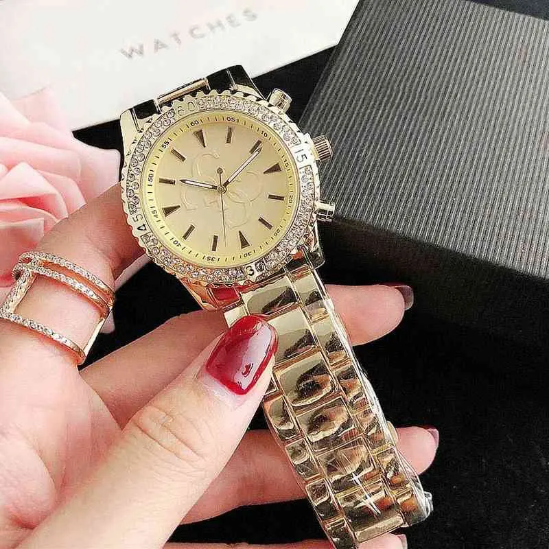 Brand Watch Women Girl Diamond Big Letters Style Metal Steel Band Quartz Wrist Watch GS 45255H