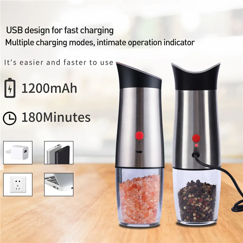 2 pièces électrique moulin à sel et poivre USB Rechargeable moulin à poivre grossièreté réglable automatique épices fraiseuse 220524