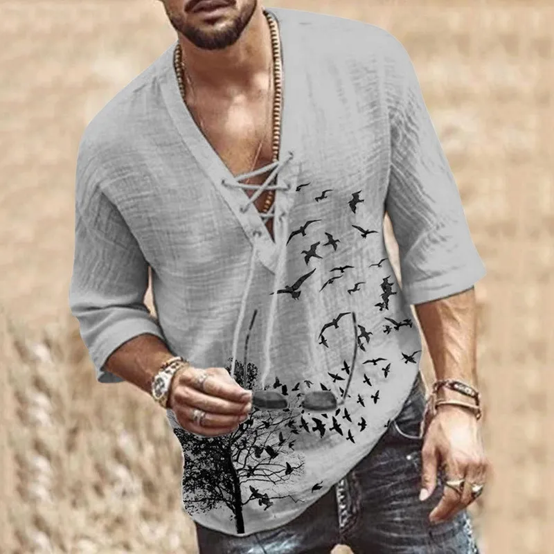 WENYUJH Mens Fashion Hippie Linen Shirt Casual Middle Sleeve V Neck Summer Beach Loose Tee Tops Solid Color T shirts 220606