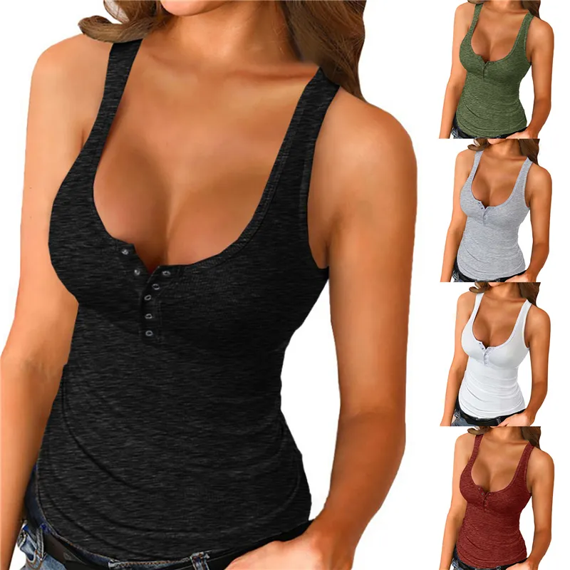 T-shirt senza schienale sexy da donna estate tinta unita da donna nera casual senza maniche con bottoni o collo 220628