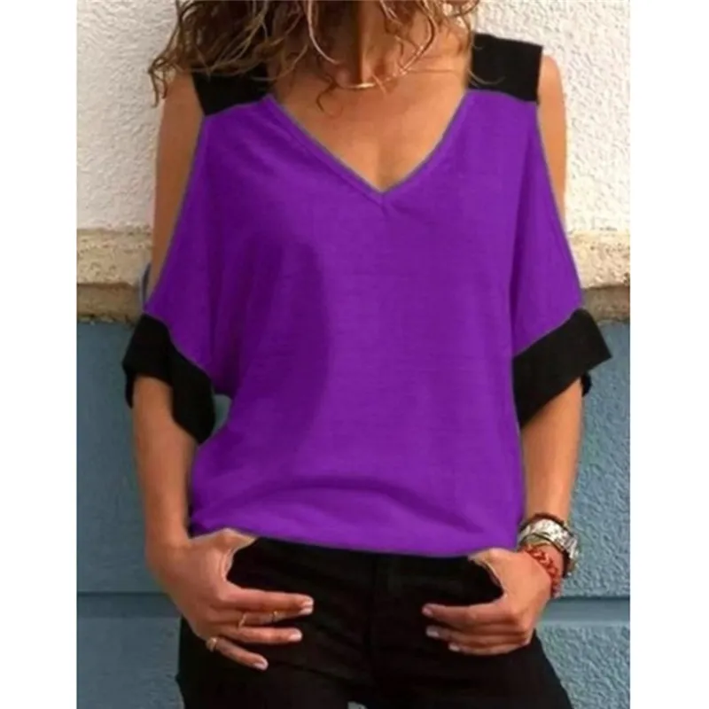 Women's Patchwork Cold Shoulder T-shirt Tops V-Neck Half Sleeve Female Tee Shirt Summer Casual T Shirt For Women 220511