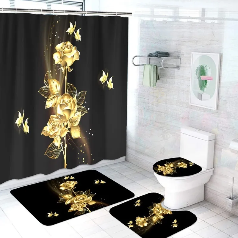 Shiny Blue Golden Rose Waterproof Shower Curtain Set Toilet Cover Mat Nonslip Bath Rugs Bathroom Valentine's Day Christmas Decor 220517