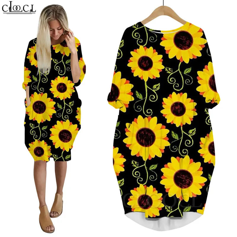 Women Dress Beautiful Sunflower Yellow Flowers 3D Printed Loose Daughter Dresses Long Sleeve Casual Pocket Female Dress W220616