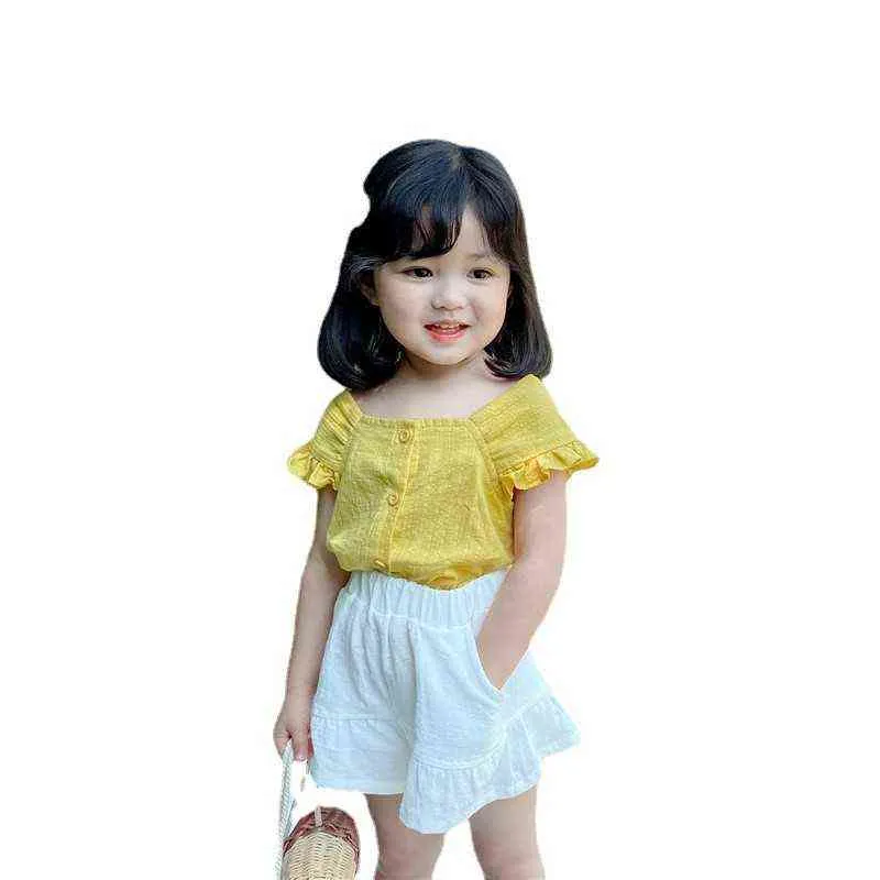Summer Girls' Cotton Linen Suit 2022 New Style Square Neck Fly Sleeve Shirt Top + Shorts Comfortable Children's Clothing G220509